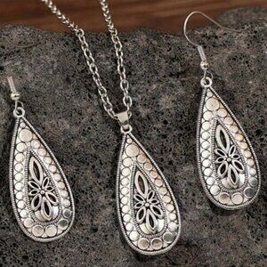 925 Sterling Silver Vintage Flower Water Drop Design Necklace & Earring Set